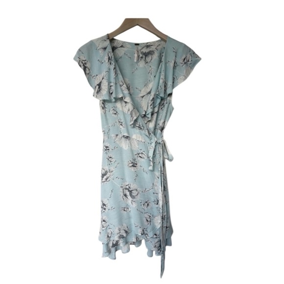Free People French Quarter Mini Wrap Dress Mint Baby Blue Floral Ruffle L - Picture 4 of 9